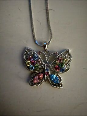Brighton Silver Butterfly Necklace with Pink, Blue, Green and Yellow Crystals